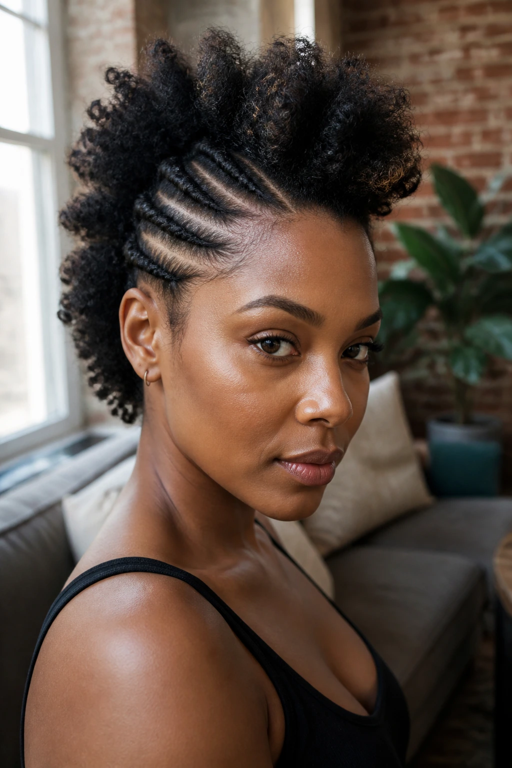 Medium close-up portrait of a person with frohawk flat twists