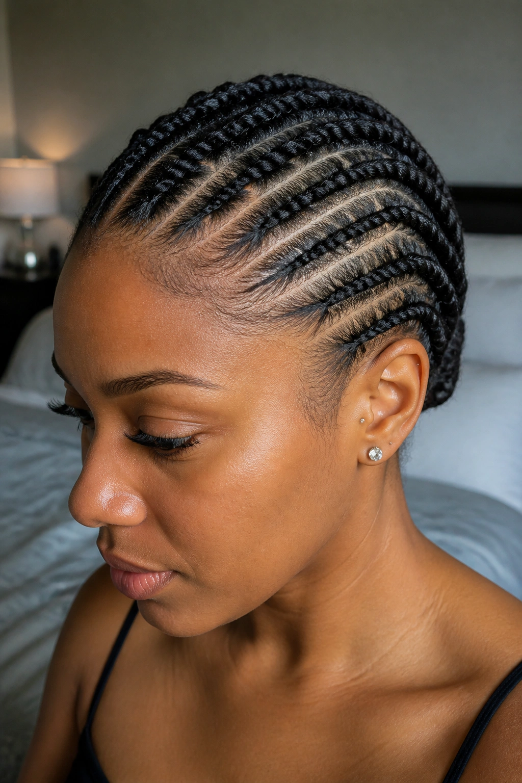 Close-up portrait of a real woman with flat twists from hairline to nape