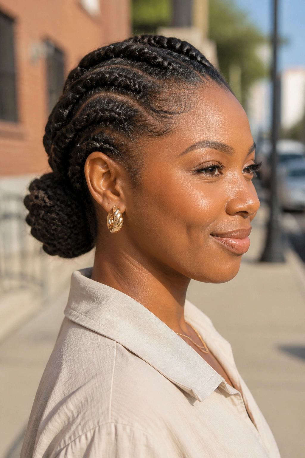 Three-quarter profile of a real woman with flat twists into a low bun