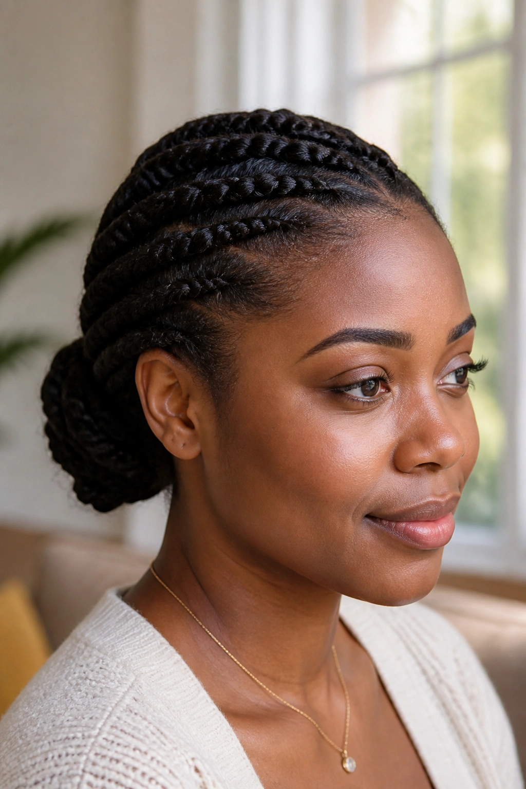 Close-up of a real person with flat twists into a low bun in a home setting