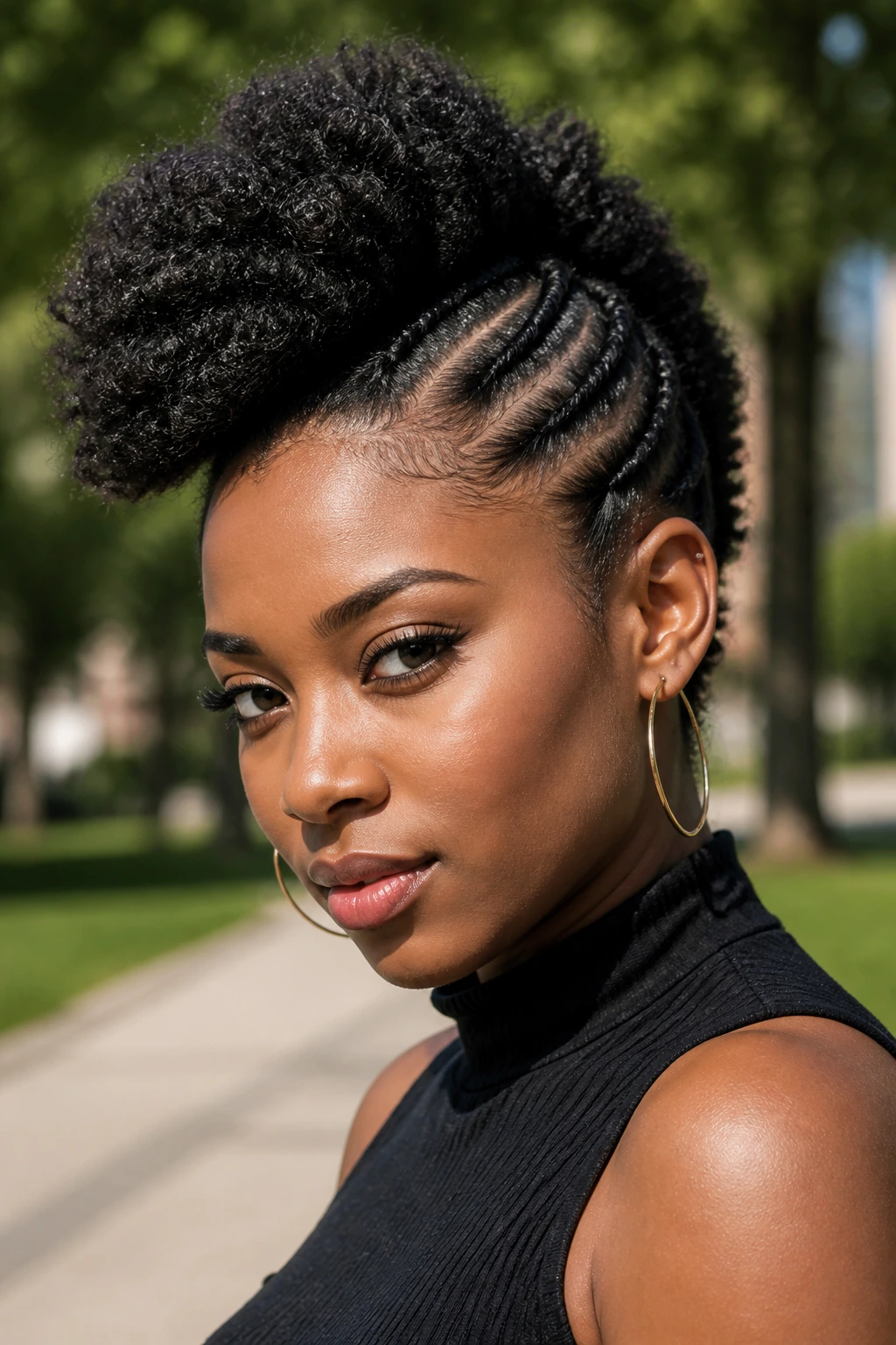 Close-up portrait of a real person with flat twists forming a mohawk and a center afro puff