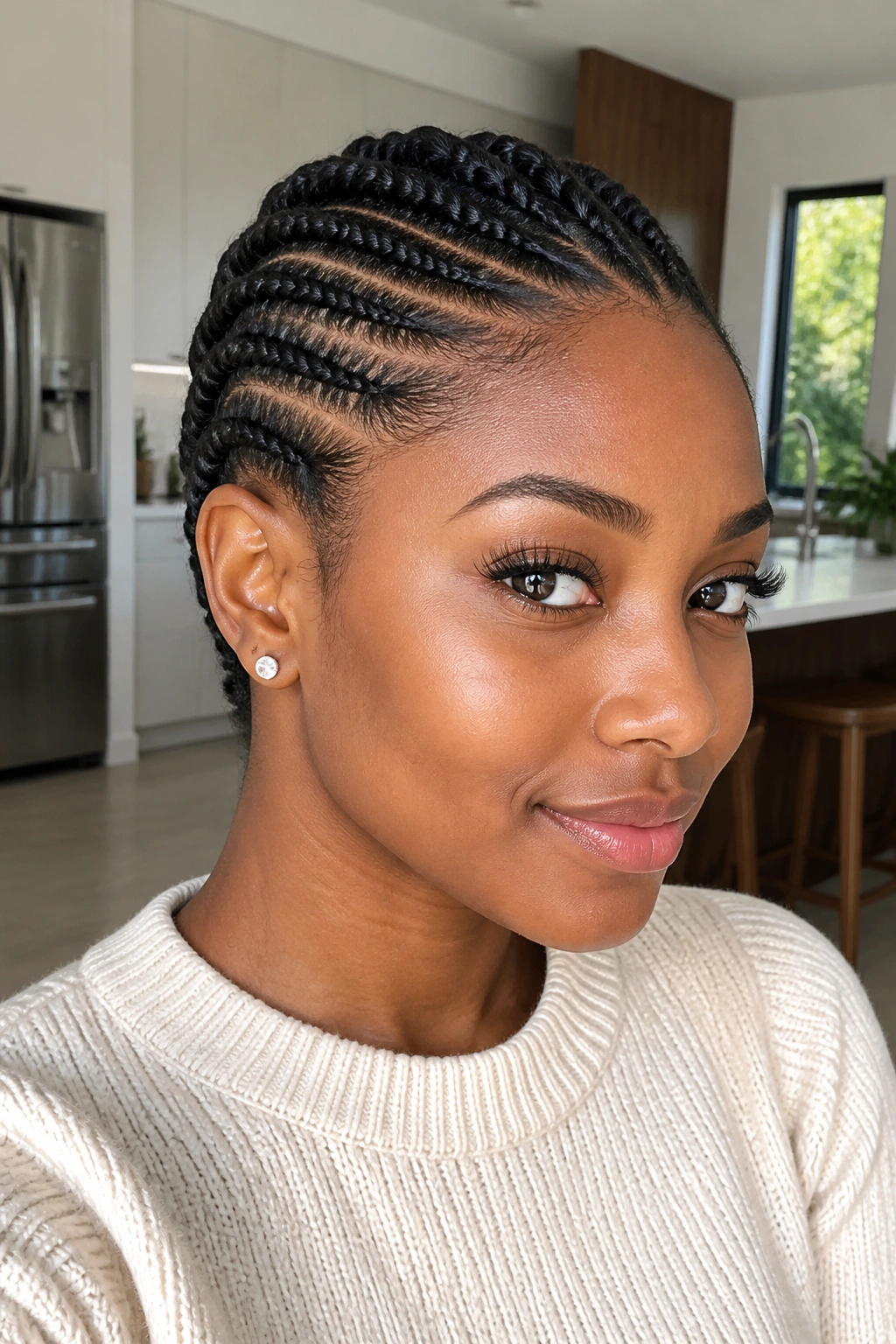 Close-up portrait of a real woman wearing flat twists near the scalp in bright daylight