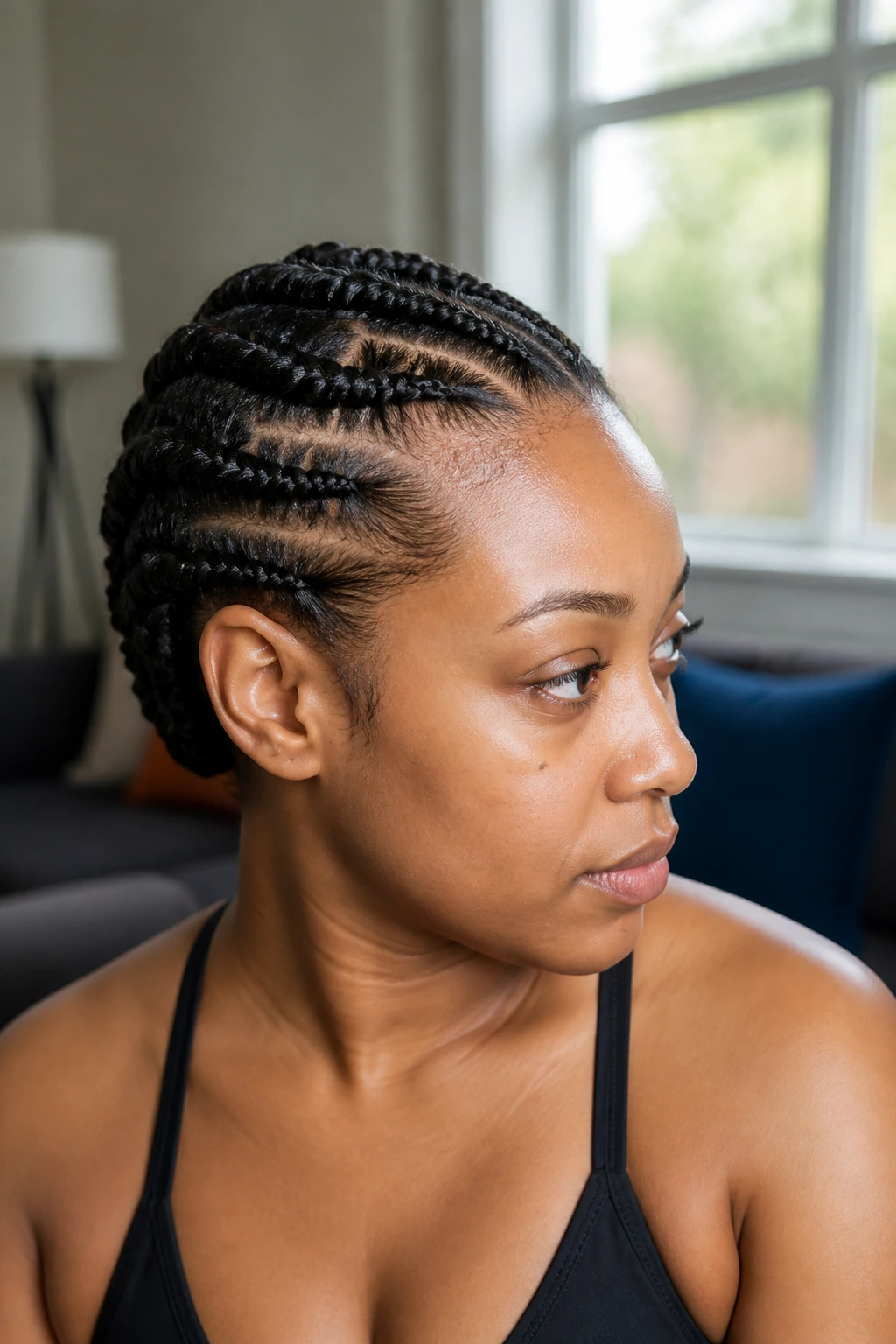 Close-up of a real person with flat twists along the scalp
