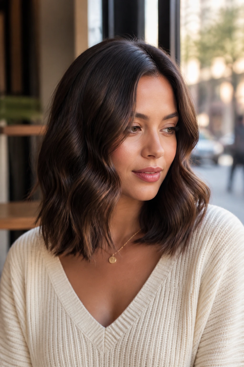 Close-up of a woman with sleek S-wave hair from a flat iron