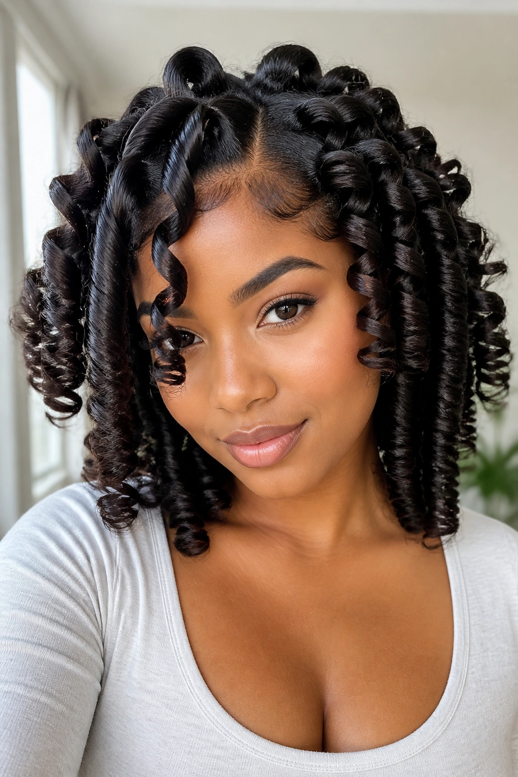 Portrait of woman with spiral curls from flexi-rods