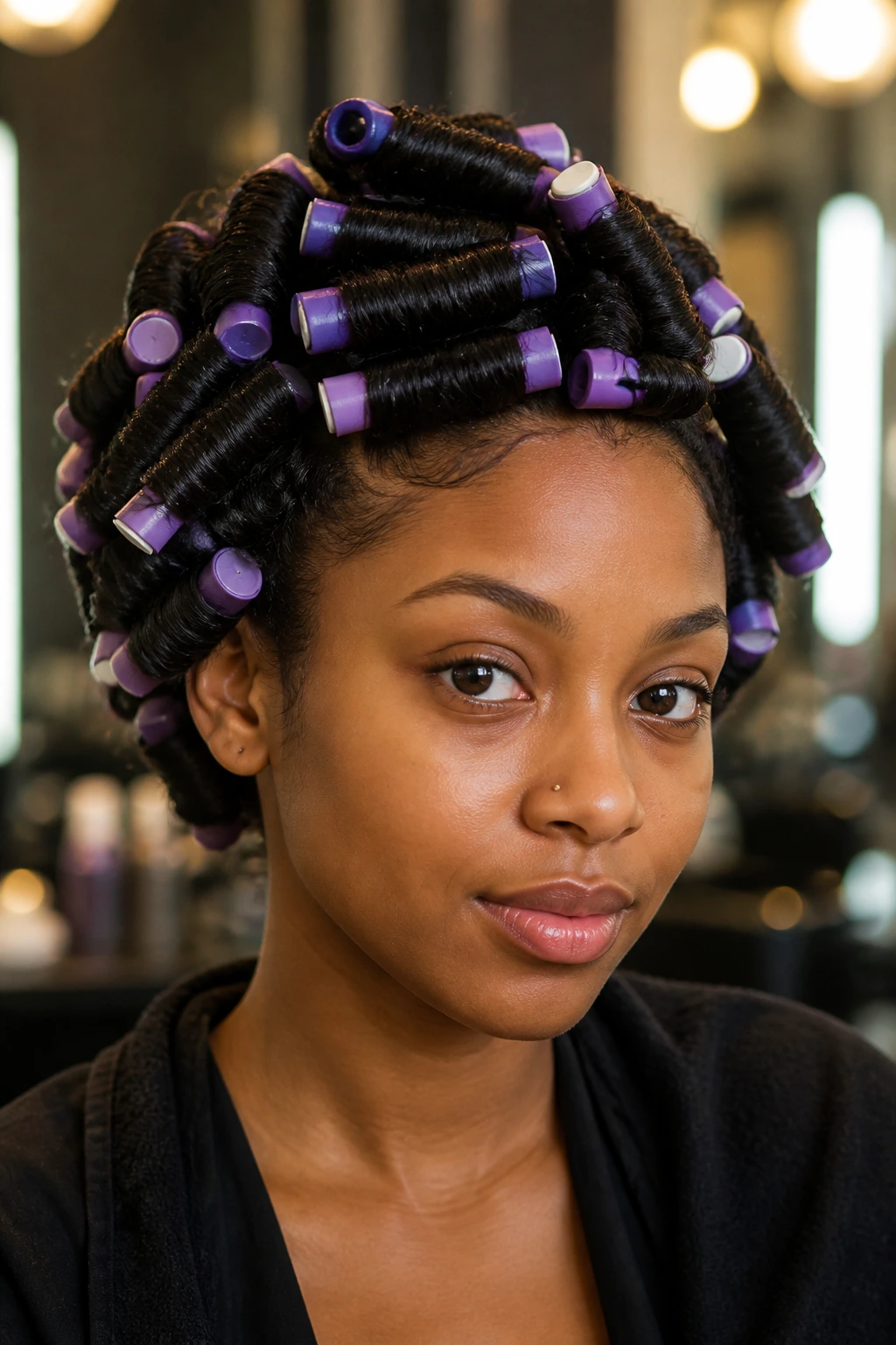 Real person with flexi-rod curls in hair