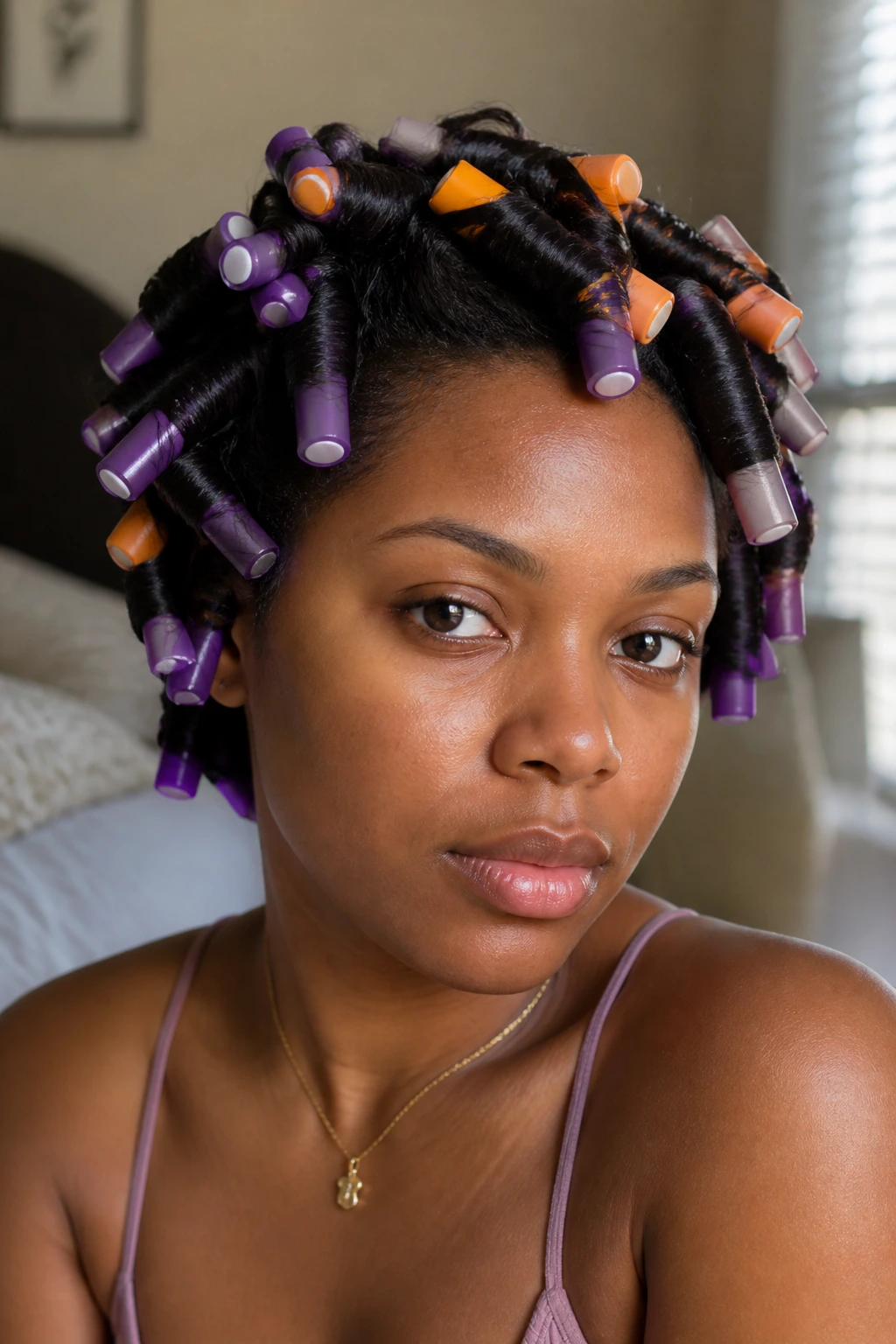 Close-up of a real woman with a flexi rod set in her hair, colorful rods visible.