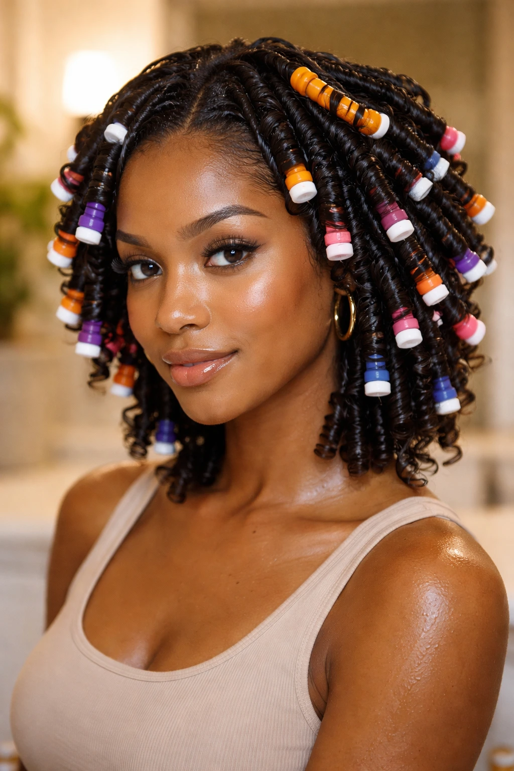 Close-up of real woman with flexi-rod spirals in hair.