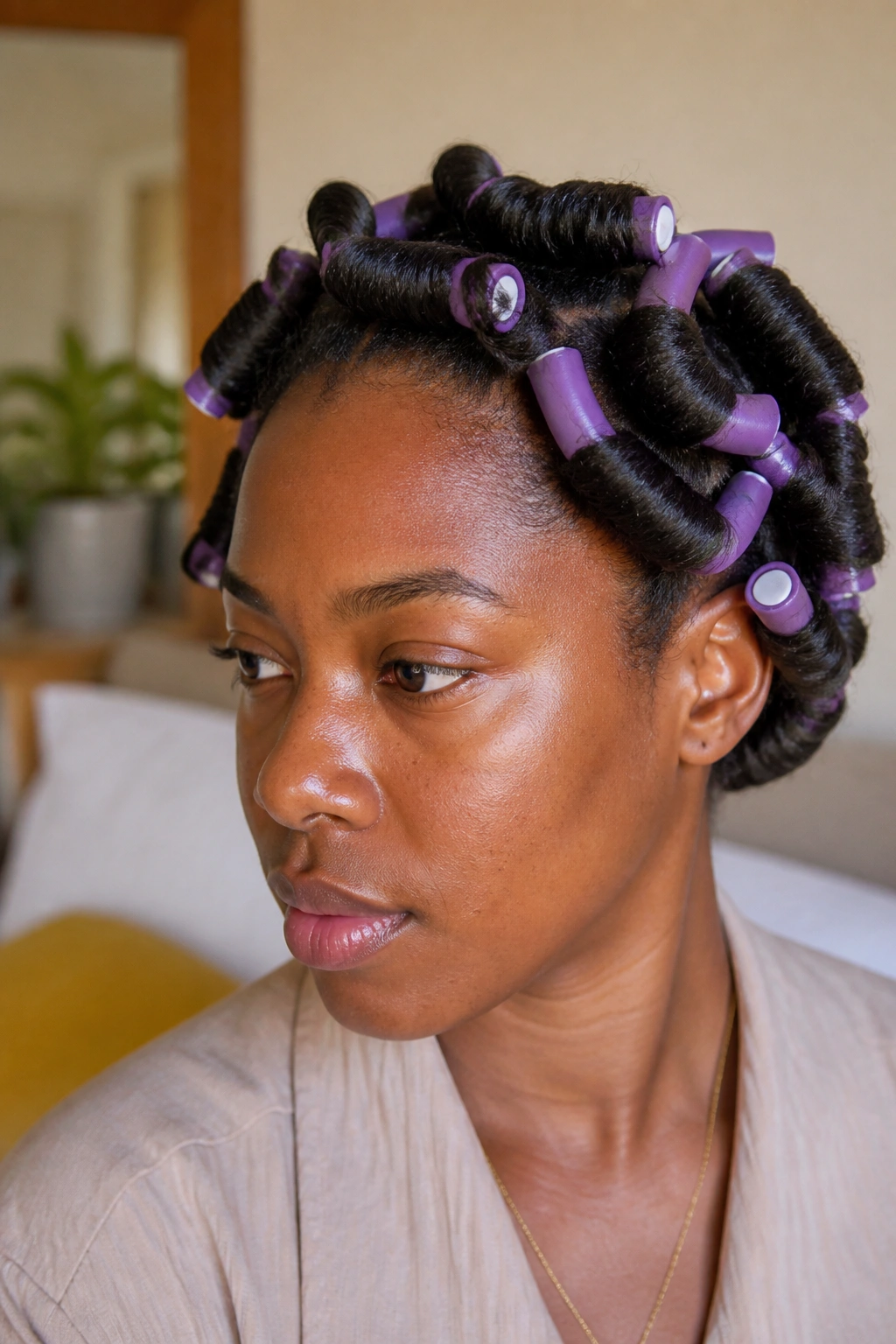 Real person with flexi rods creating soft bend curls in a natural setting