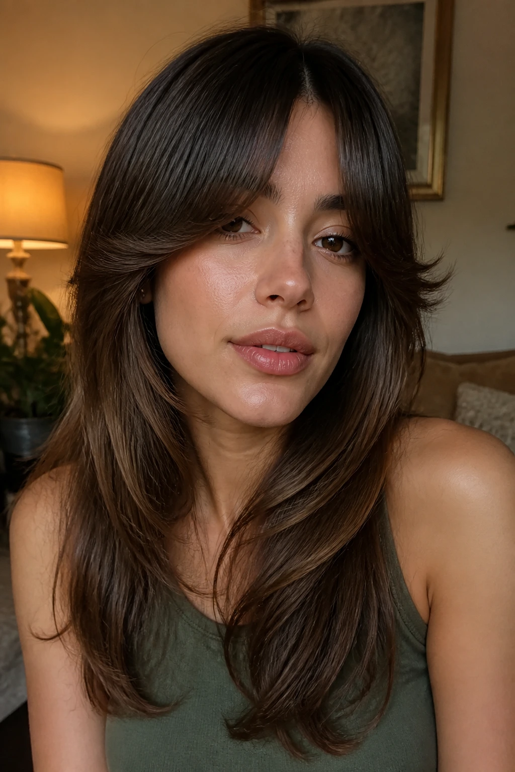 Real woman with flicked-out curtain bangs in a cozy room