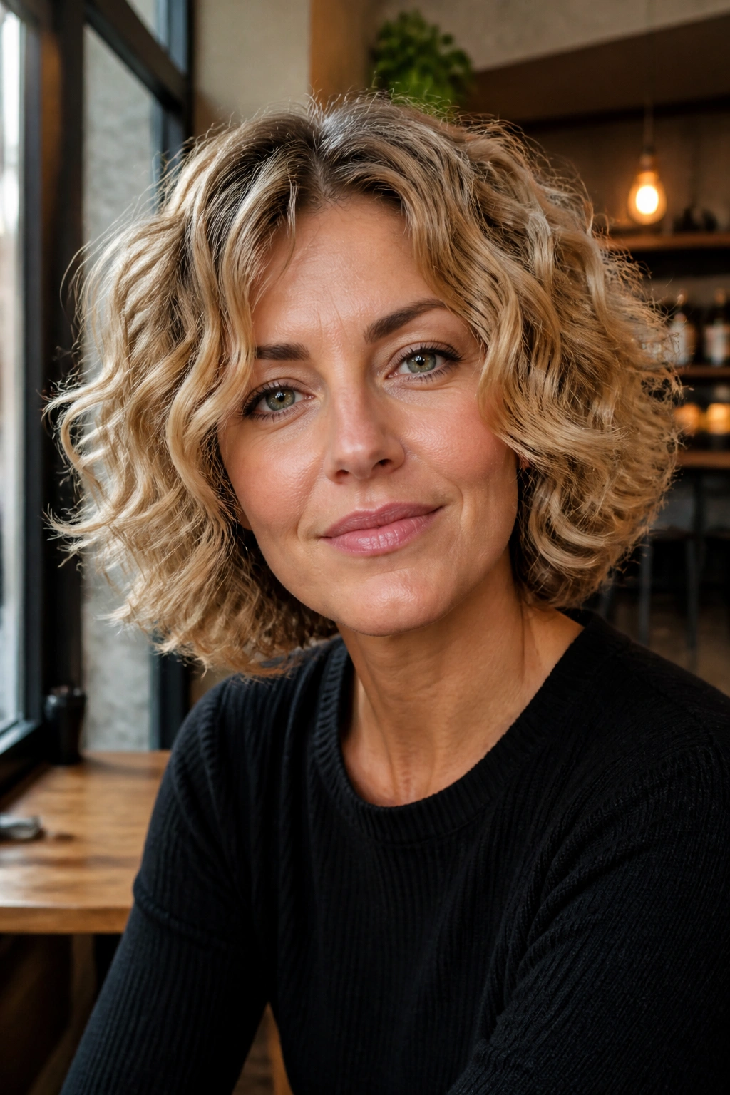 Real woman with flip-out curly bob in a cozy cafe lighting.