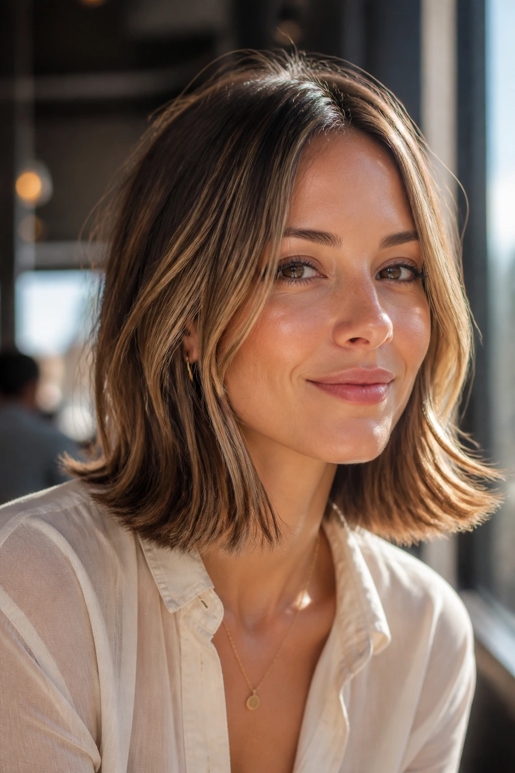 Close-up portrait of a real woman with a flip-out-end lob at shoulder length, outward ends, sunlit cafe setting