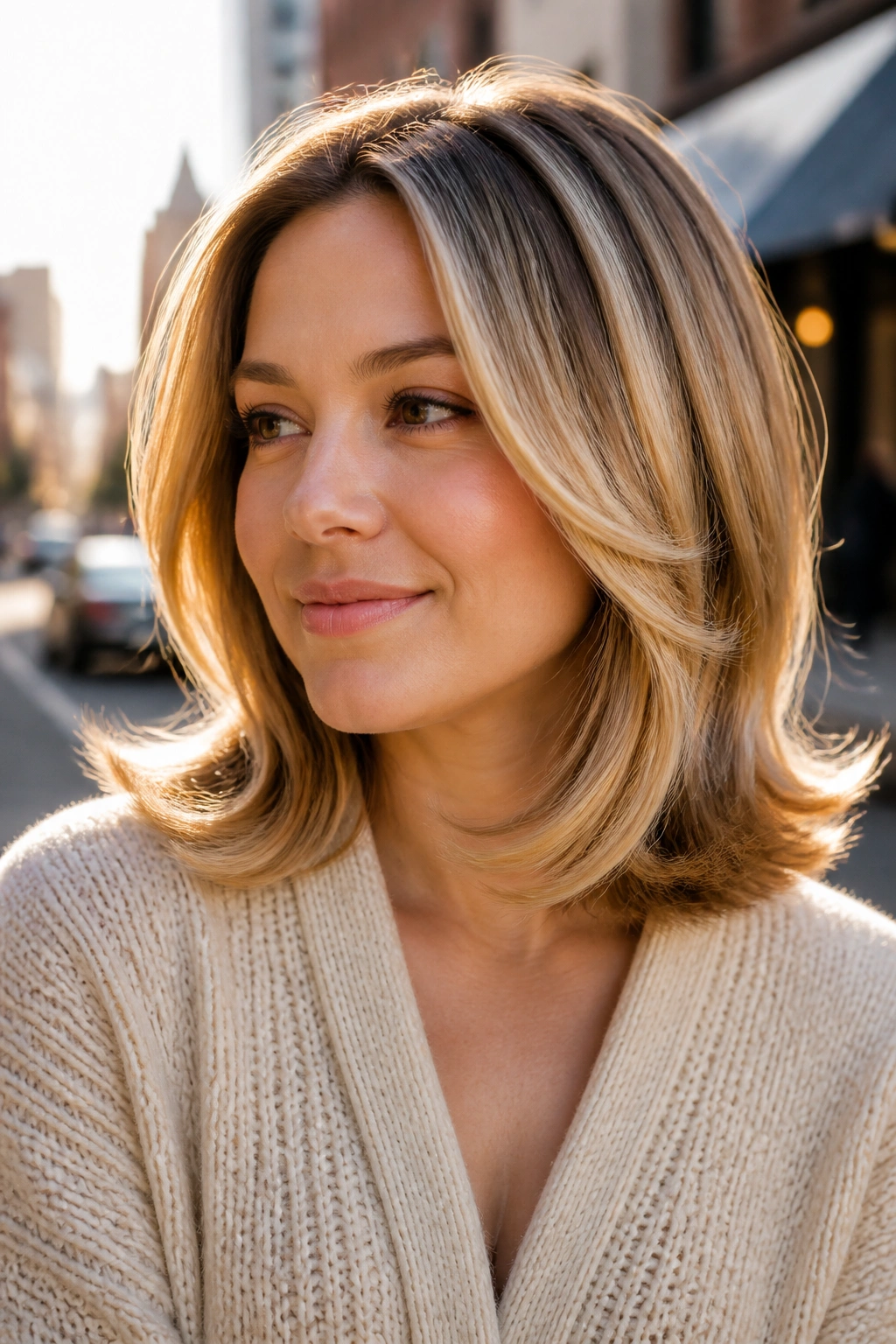 Close-up of a real woman with flip-out ends and golden blonde ribboning