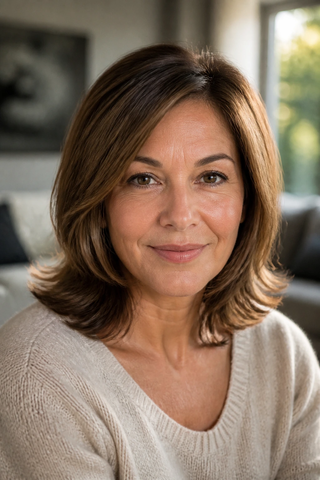 Close-up of a real woman with flip-out ends hairstyle in warm window light