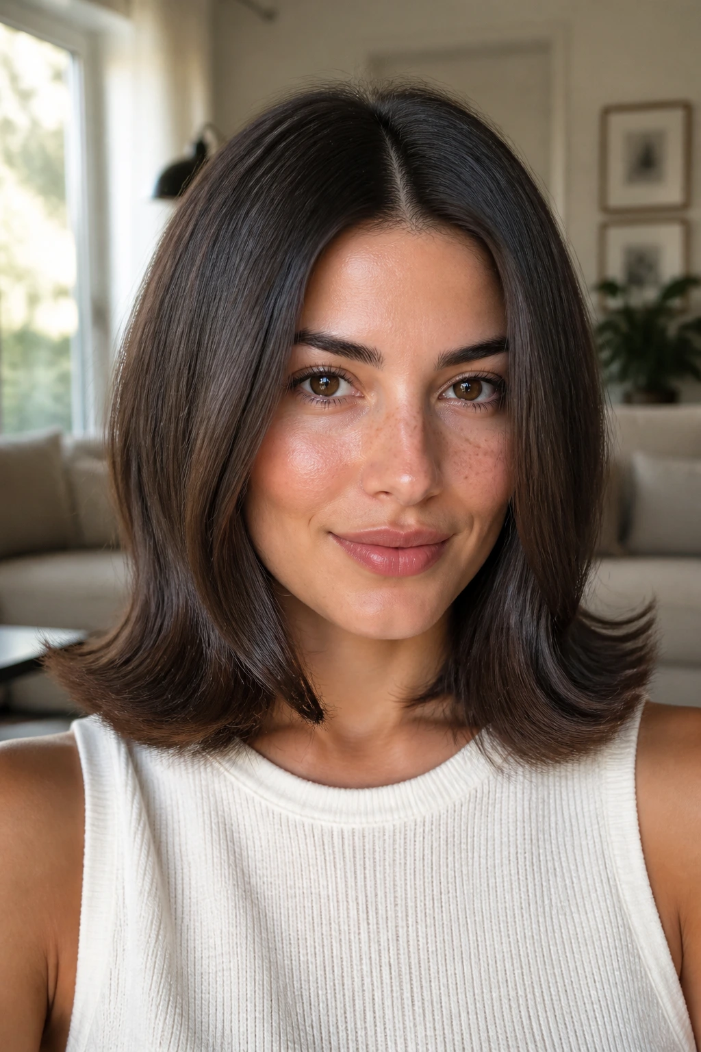 Close-up of a real person with flip-out ends and middle part in thick hair