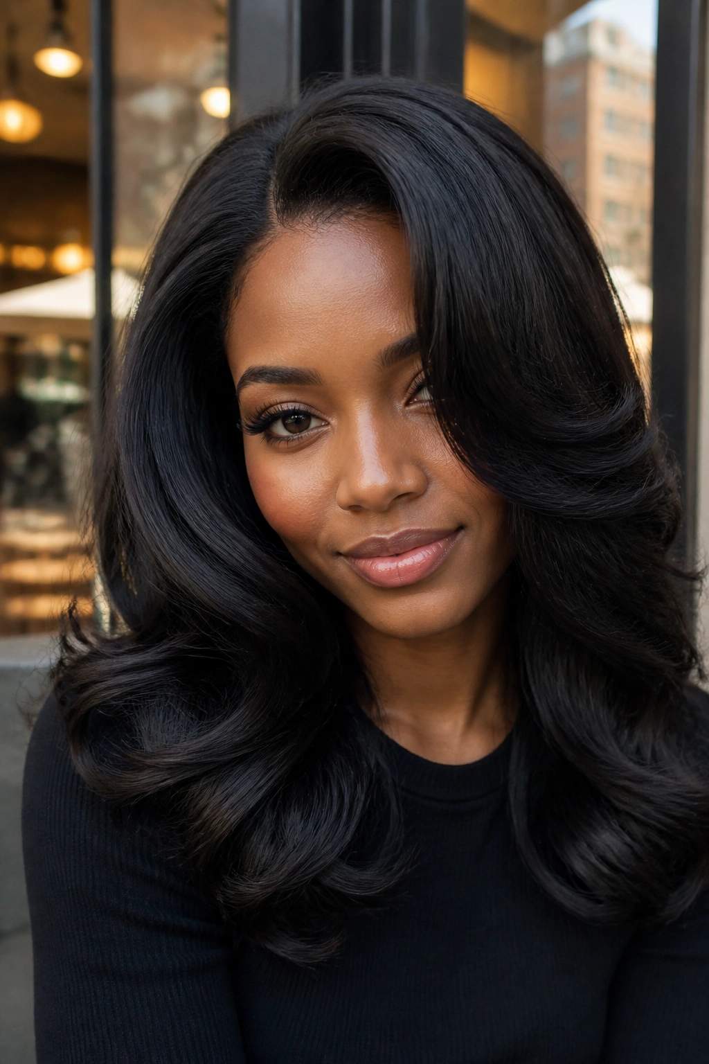Close-up of a real woman with flip-over sew-in volume around the crown