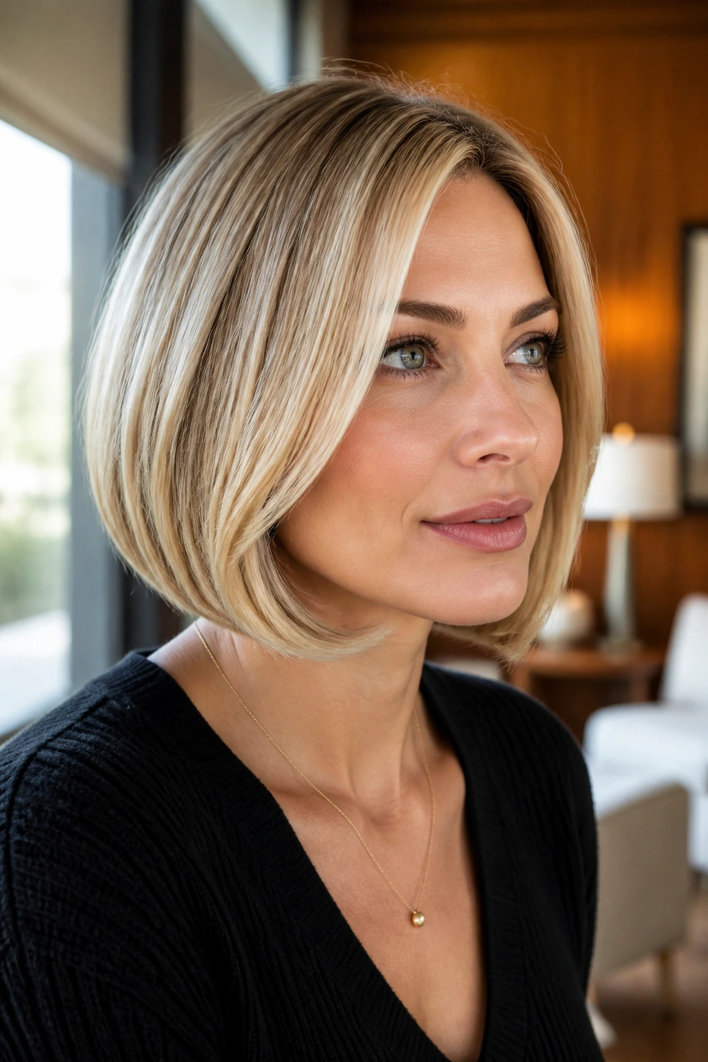 Close-up of a real woman with a blonde flip-under bob ending below the chin in a warm office setting.