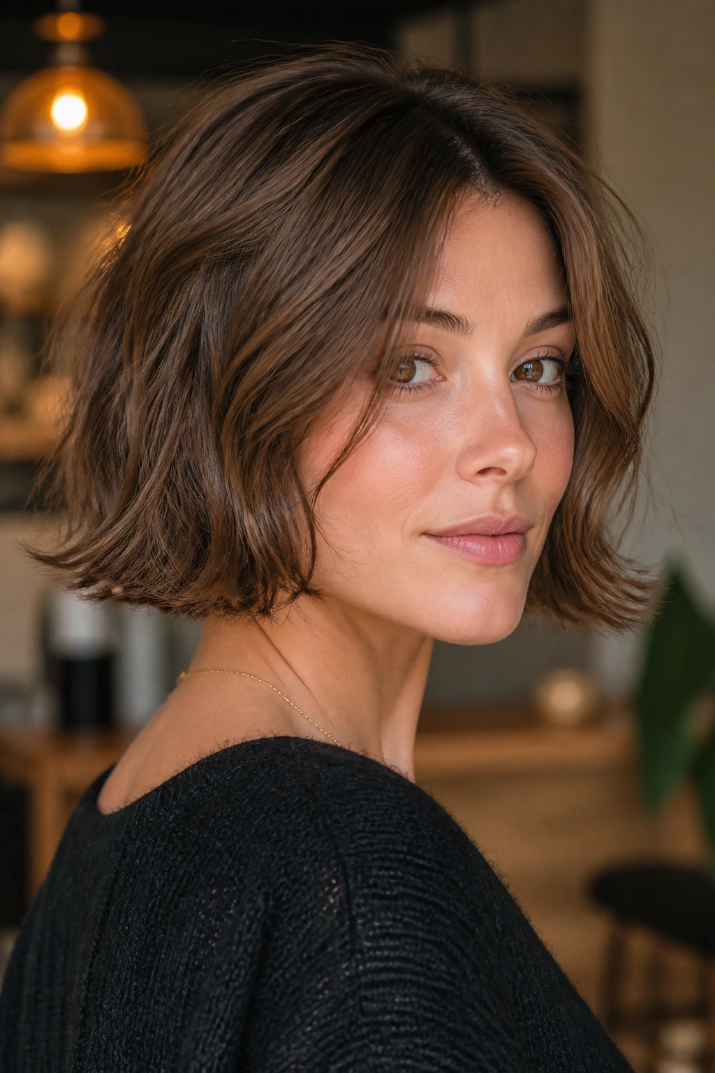 Close-up showing flip-under bob with rough texture on a real person in warm indoor light