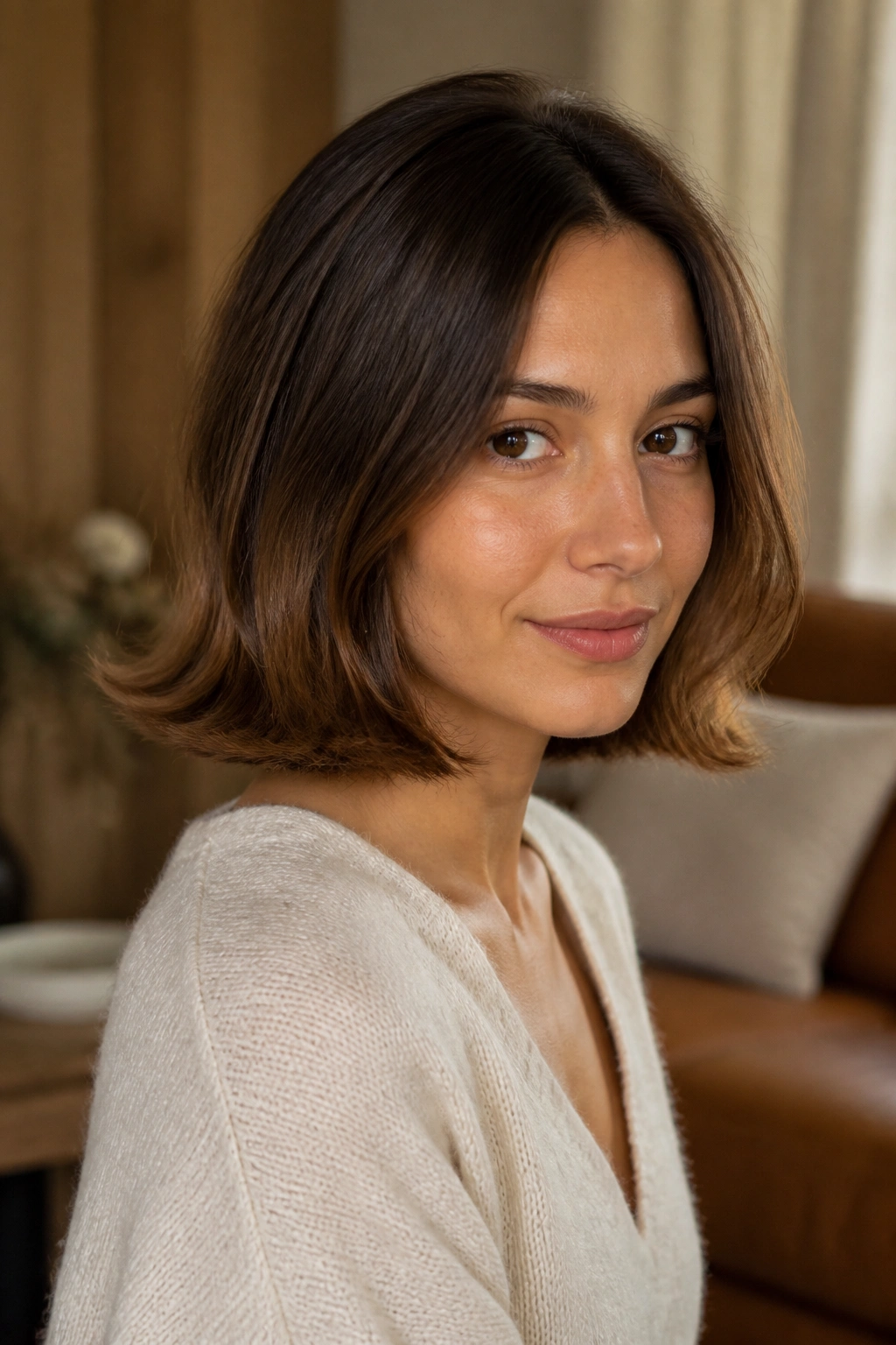 Close-up of a real person with a flipped-end bob showing outward-curved ends.
