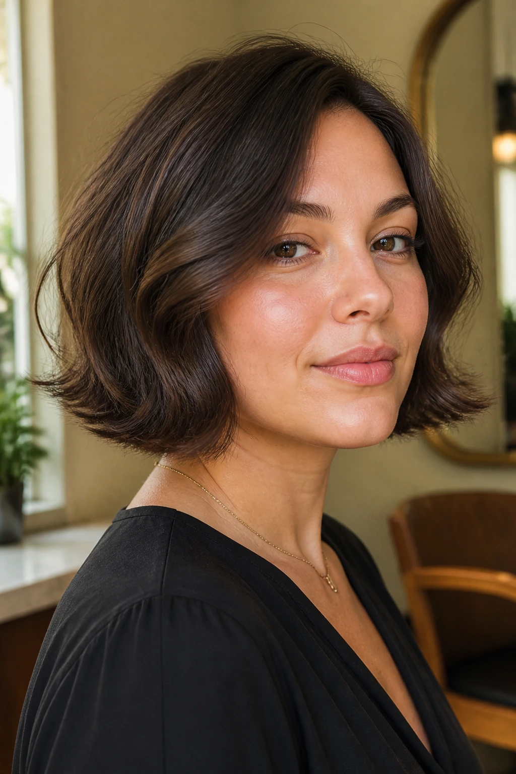 Close-up portrait of a real woman with a jaw-length flipped-end bob featuring a light underbend and soft waves