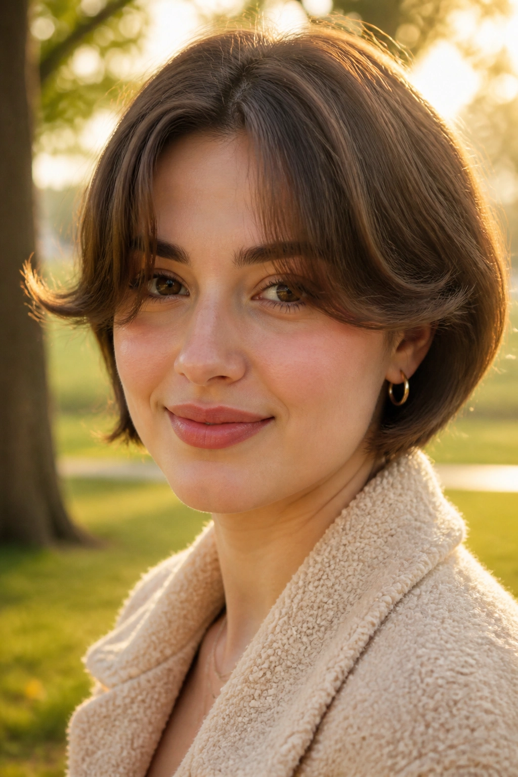 Close-up of flipped-end curtain bangs on a real person in golden-hour light