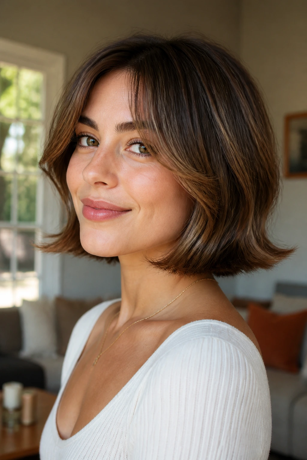 Close-up of a real woman with a flipped-end curtain bob