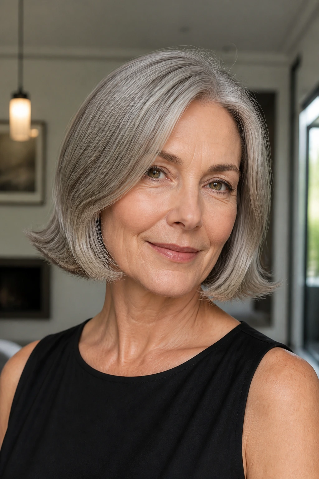 Close-up portrait of a real woman with a flipped-end grey bob