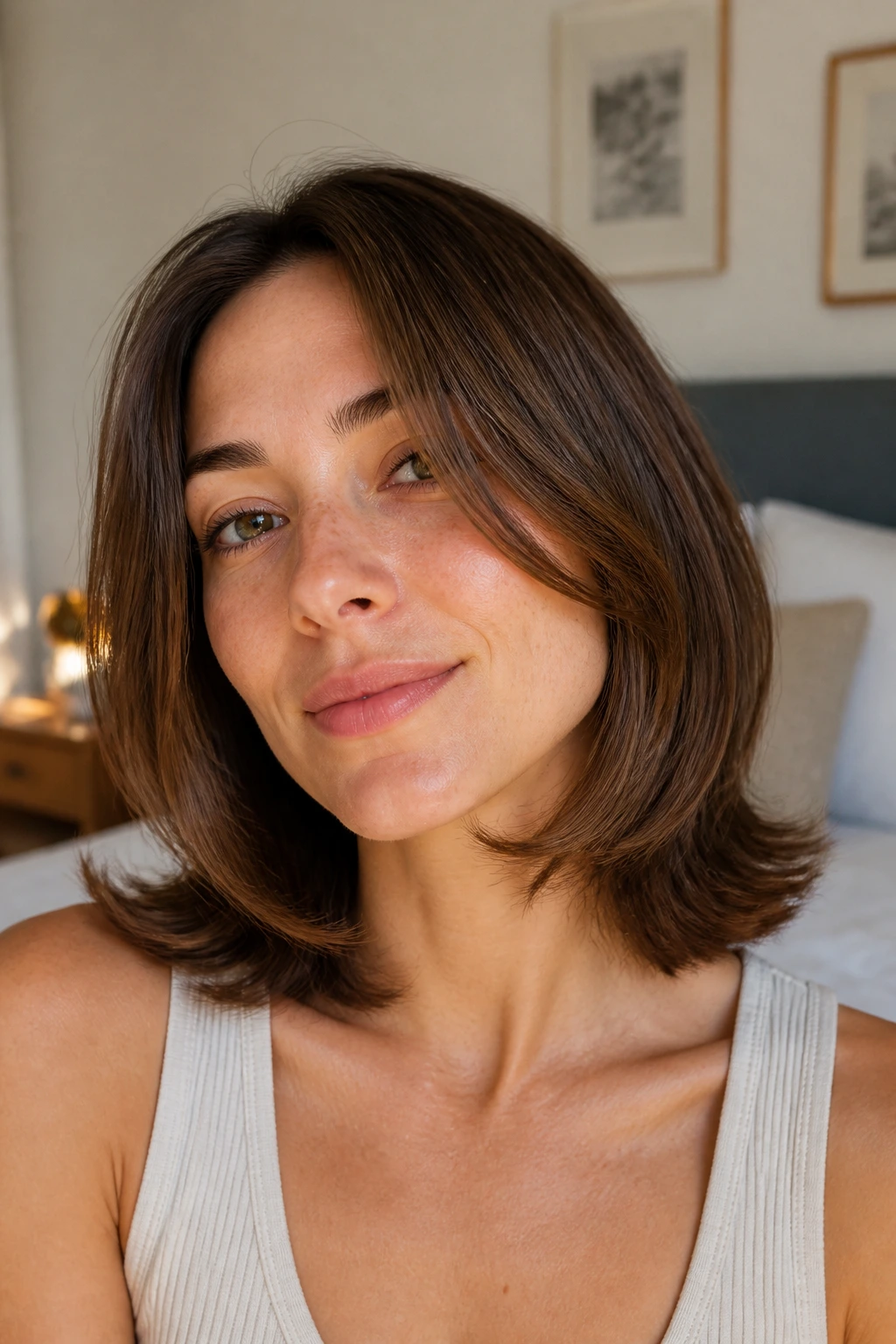 Close-up portrait of a real woman with a Flipped-End Shoulder Cut showing soft flips at shoulder length.