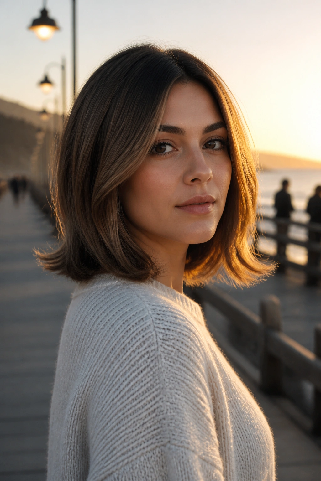 Portrait of a woman with a flipped-end inverted lob and chin-length flip.