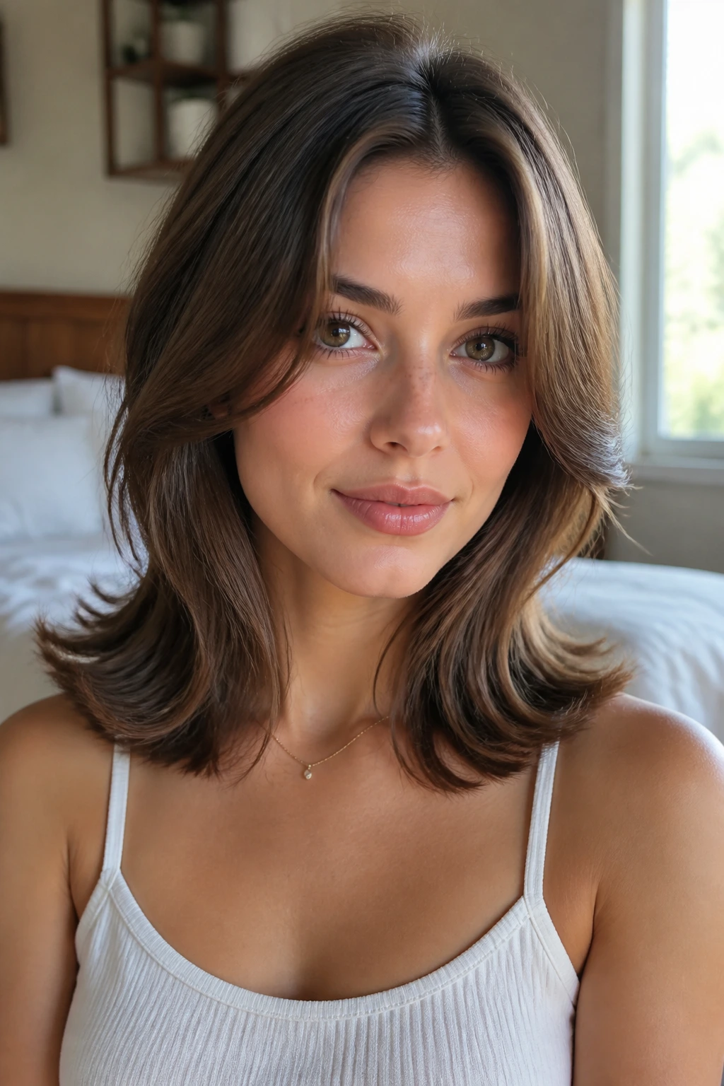Close-up portrait of a real woman showing outward-flipped ends near the collarbone.