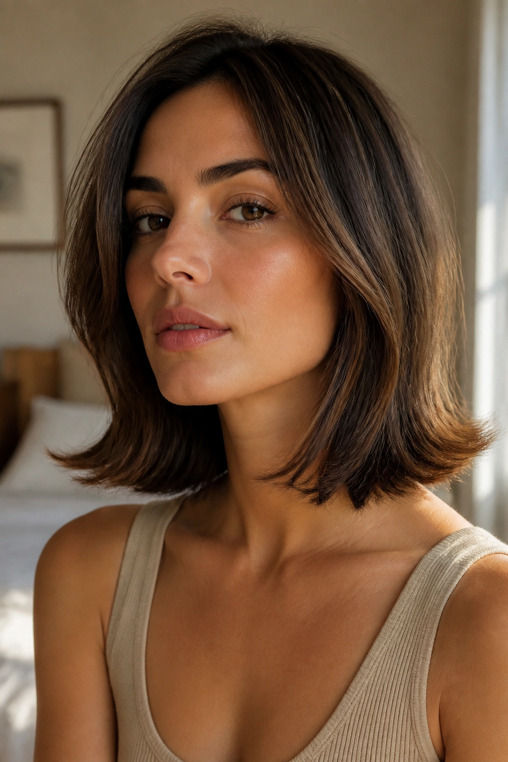 Close-up of a real woman with flipped-end lob hairstyle, outward-flipped ends and soft crown lift