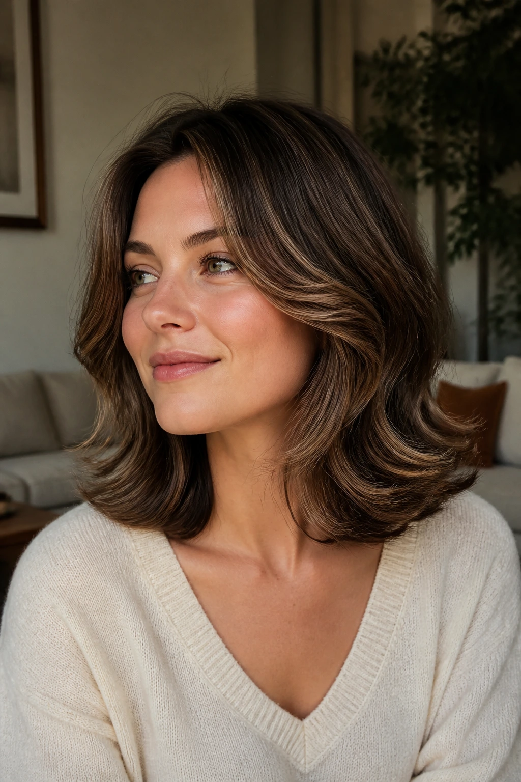 Front-quarter portrait of a real woman with flipped-end midi waves