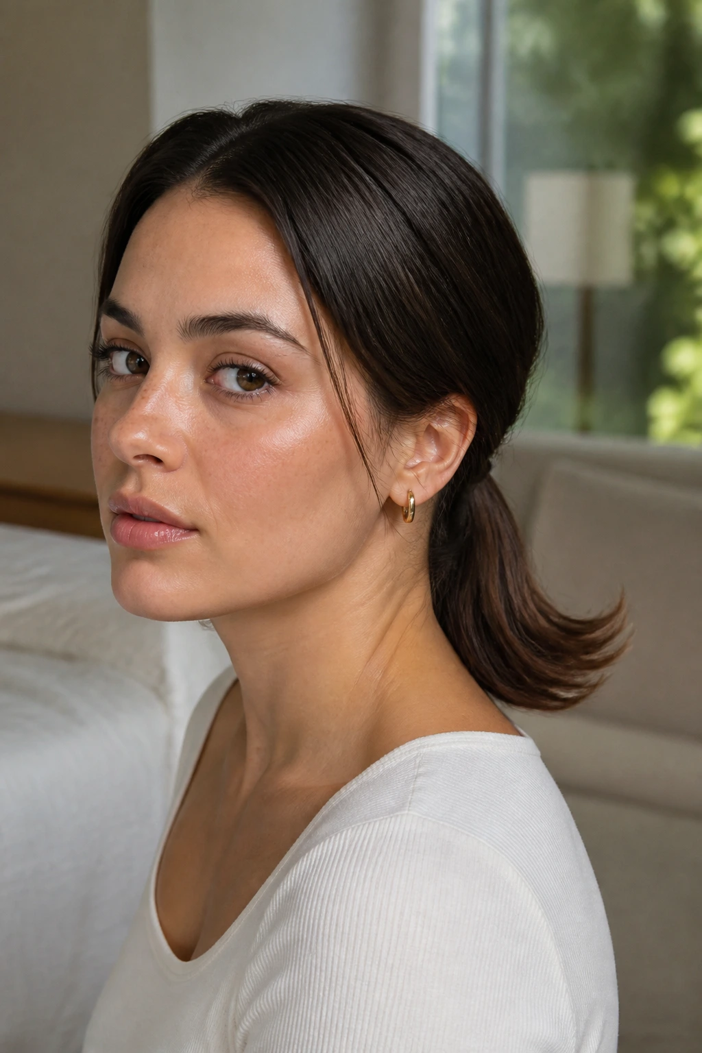 Close-up of a real woman with a low ponytail and outward flipped ends.