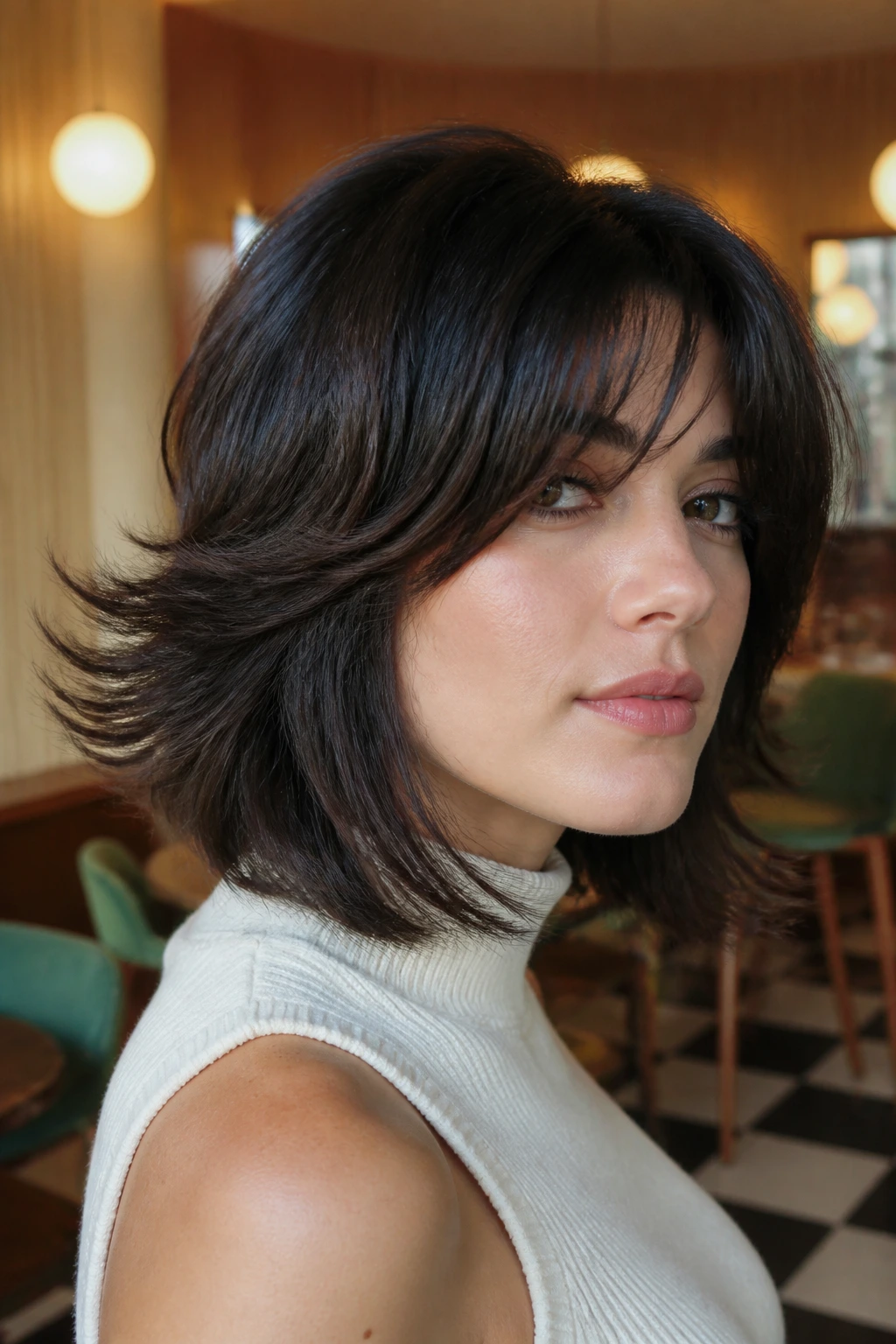 Close-up portrait of a real woman with flipped-end retro shag in a vintage-style cafe