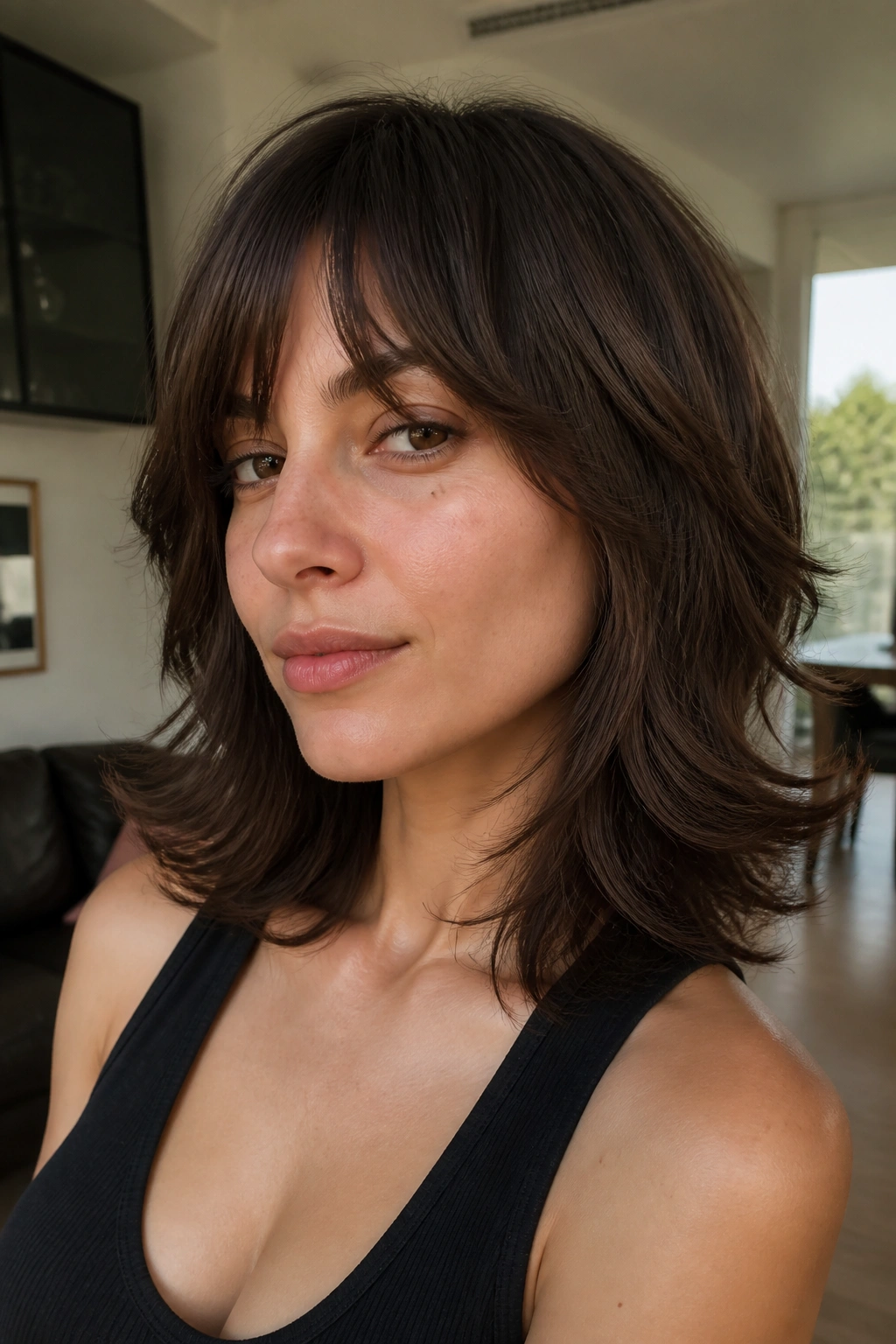 Close-up portrait of a real woman with flipped-end shag hairstyle
