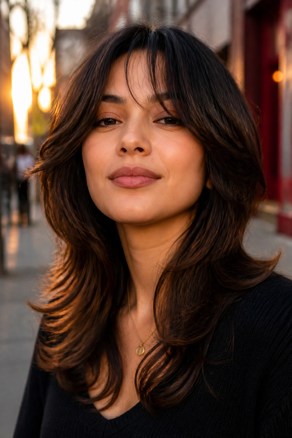 Close-up of woman with flipped-end shag highlighting jawline
