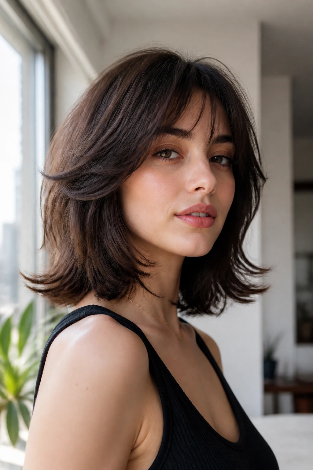 Portrait of a woman with flipped-end shag in bright daylight