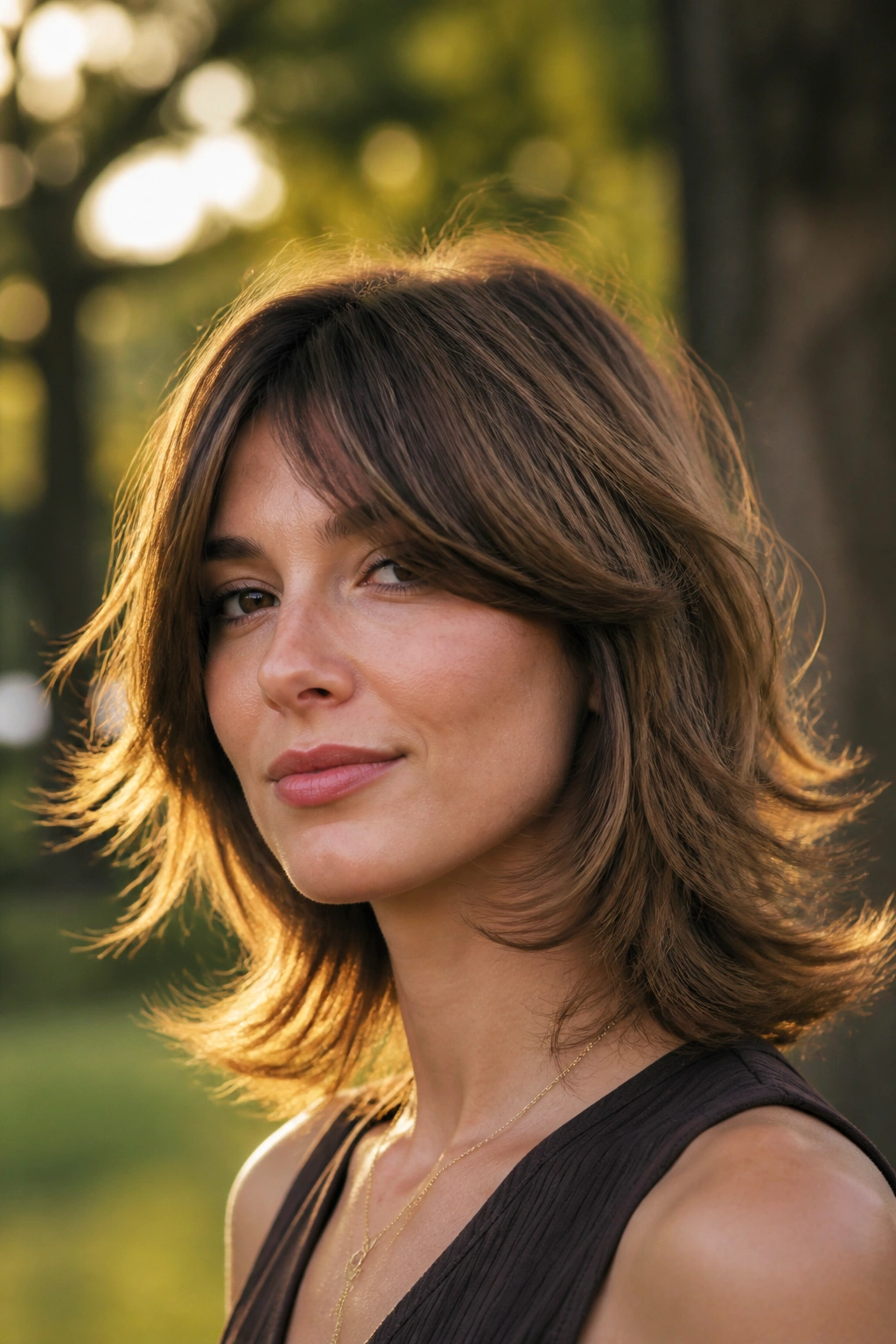 Close-up portrait of a real woman with flipped-end shag showing outward curled ends.