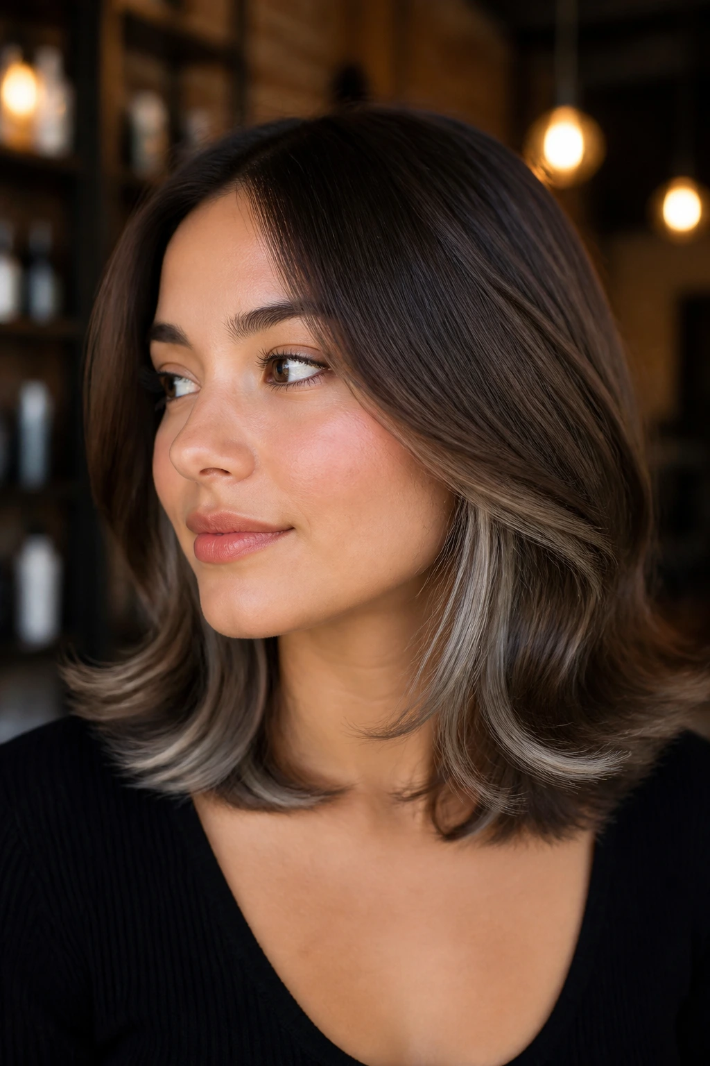 Close-up of a real woman showing flipped ends and a cool underlayer in ash brown balayage
