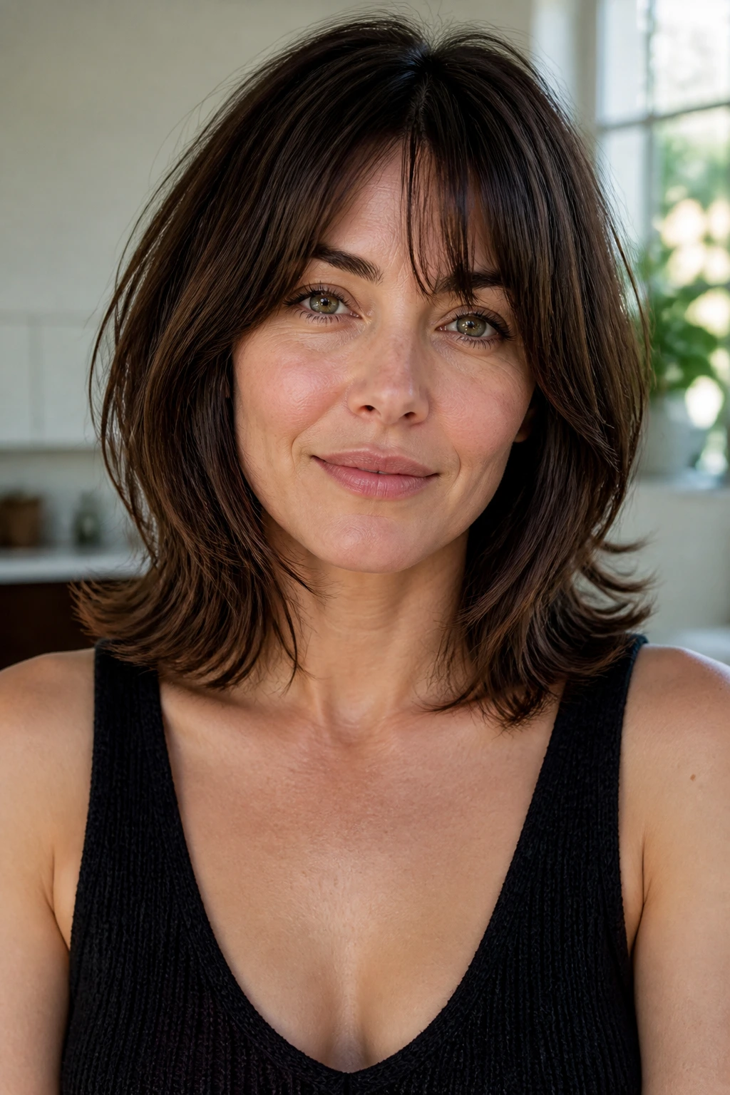Close-up portrait of a real woman with flipped-ends shag lob hairstyle