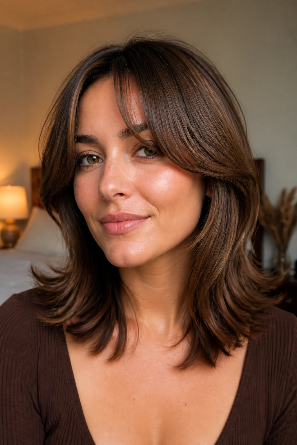 Close-up portrait of a real woman with flipped medium cut and split fringe