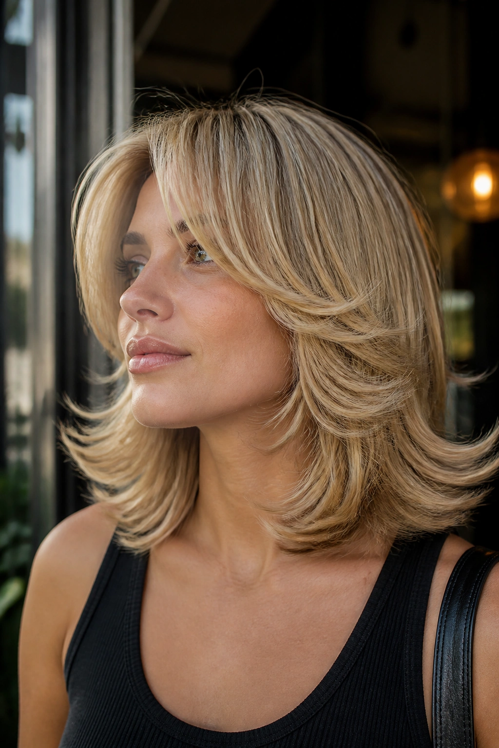 Portrait of a real person with flipped-out 90s layers in buttery blonde.