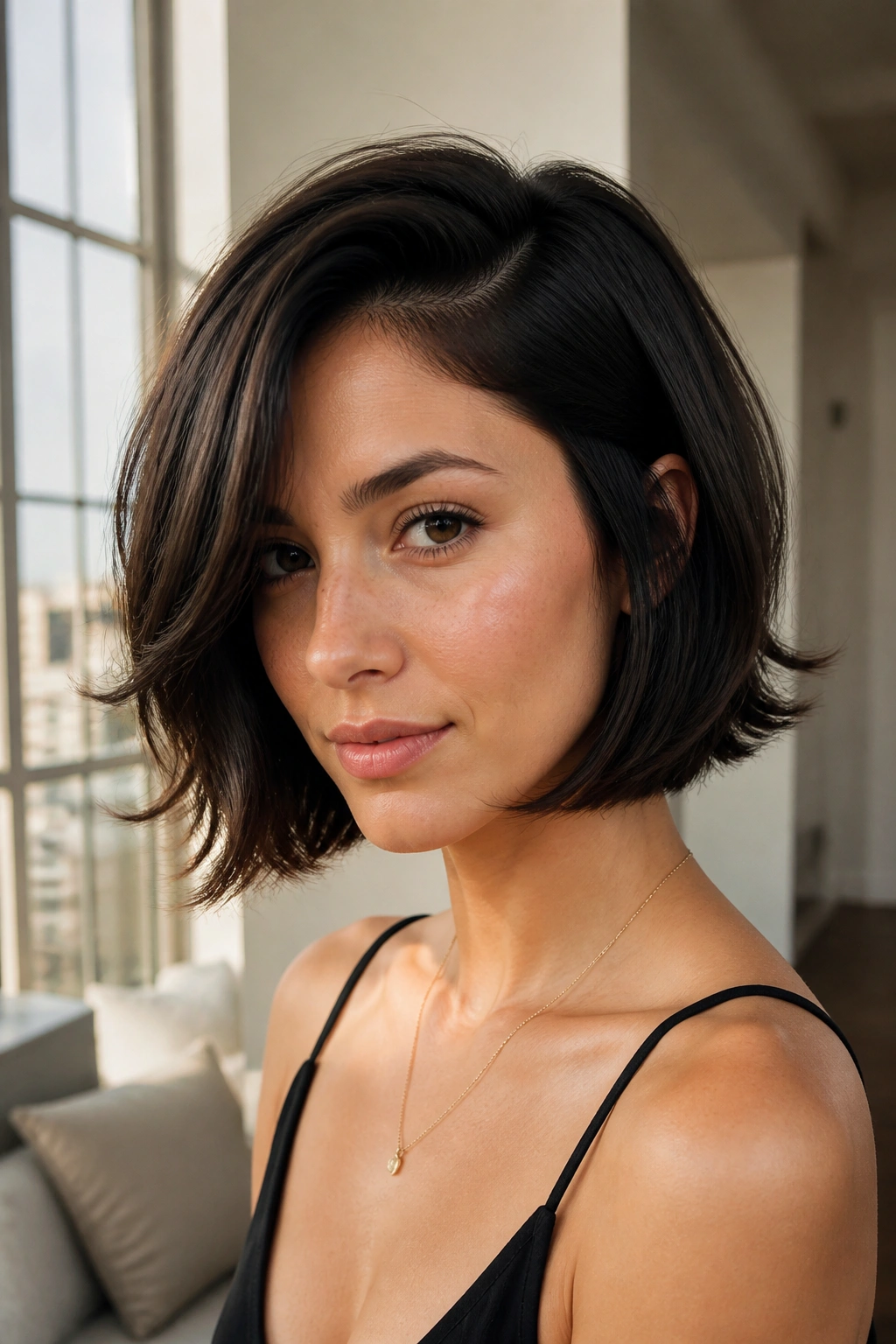 Close-up of a real woman with a flipped-out bob and a deep side part
