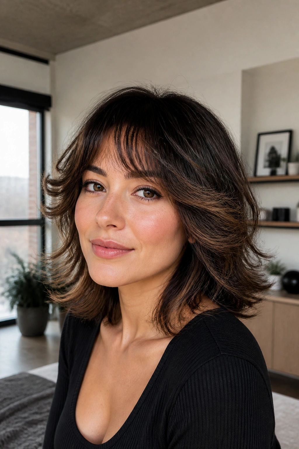 Close-up portrait of a real woman with flipped-out choppy bangs.