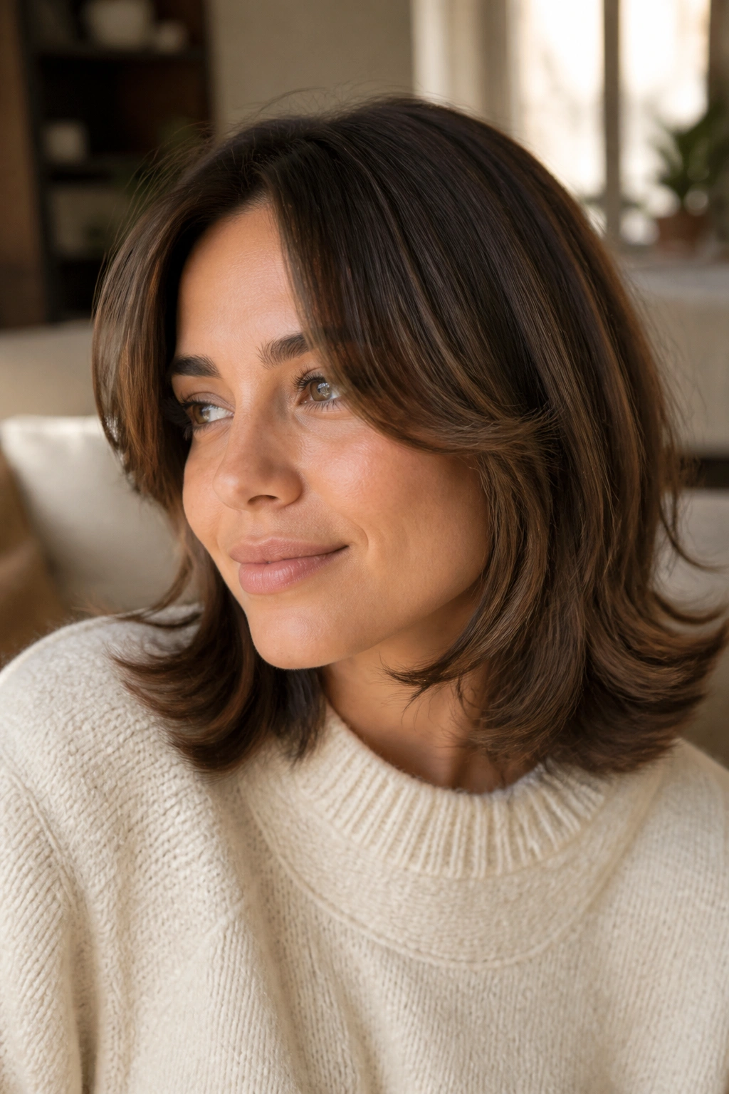 Real woman portrait with flipped-out mid-length hair and curtain bangs.