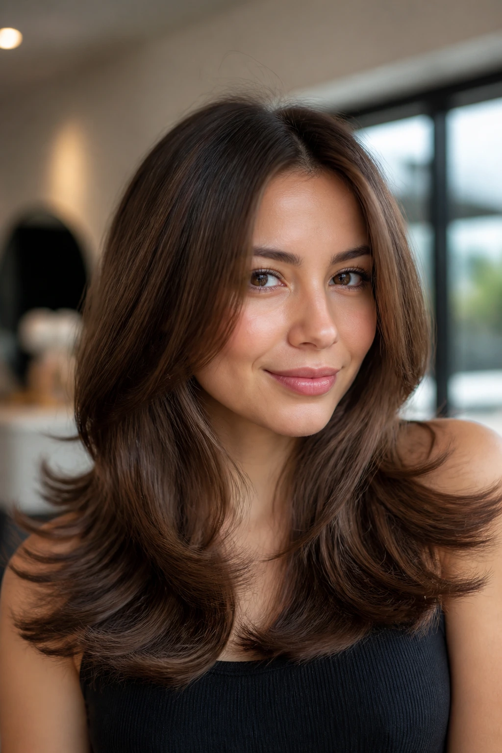 Close-up of a woman with flipped-out ends in long brown hair