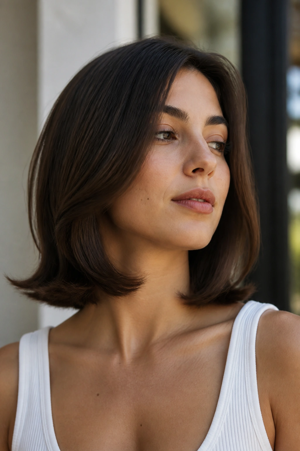 Brunette long bob with flipped-out ends close-up