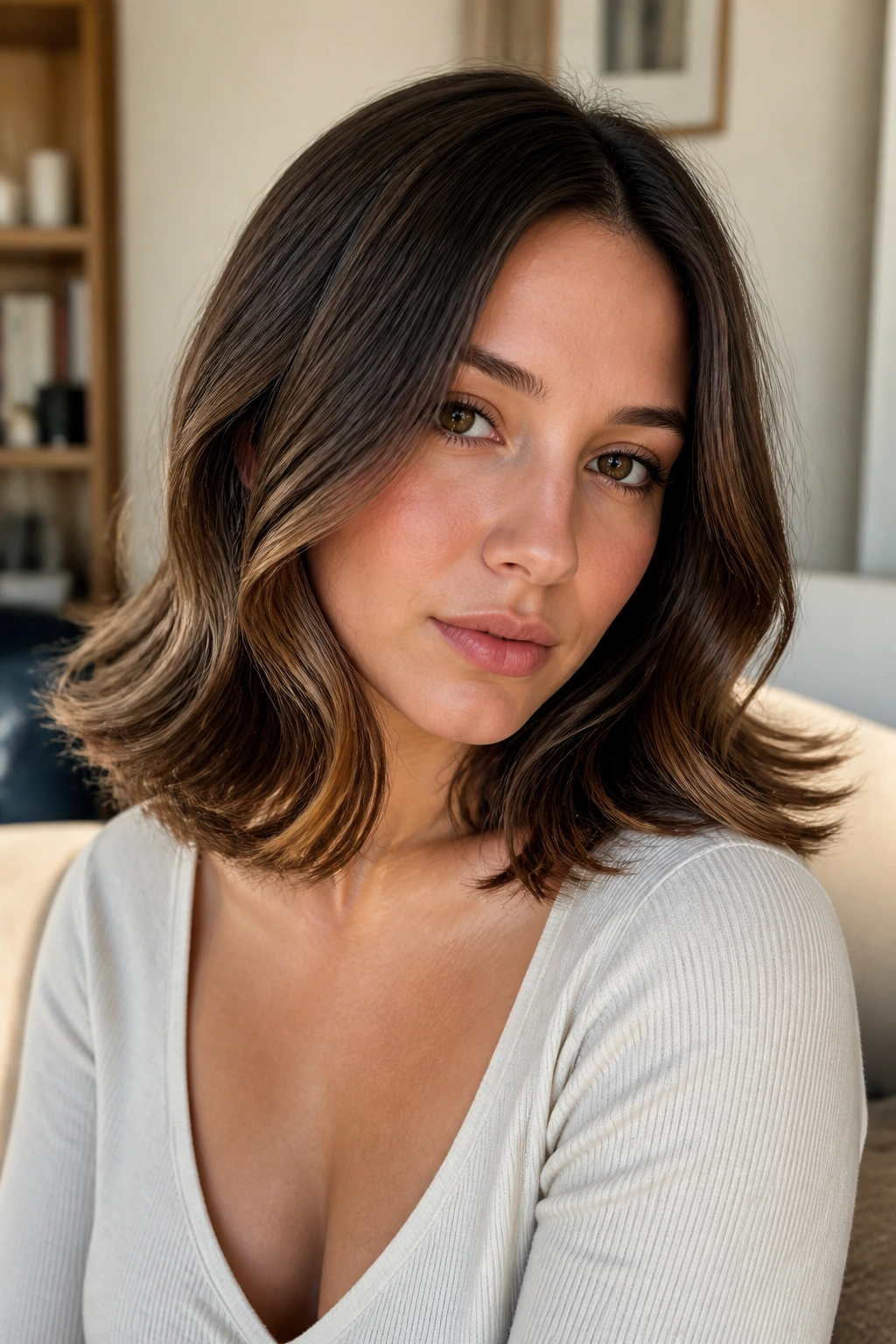 Close-up of a real woman's hair with flipped-out ends and loose middle waves