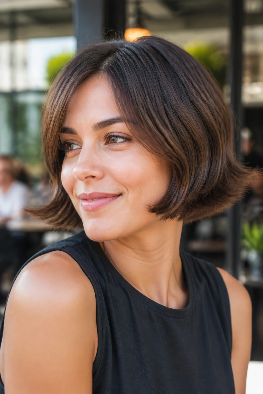 Close-up portrait of a real woman with flipped-out graduation bob
