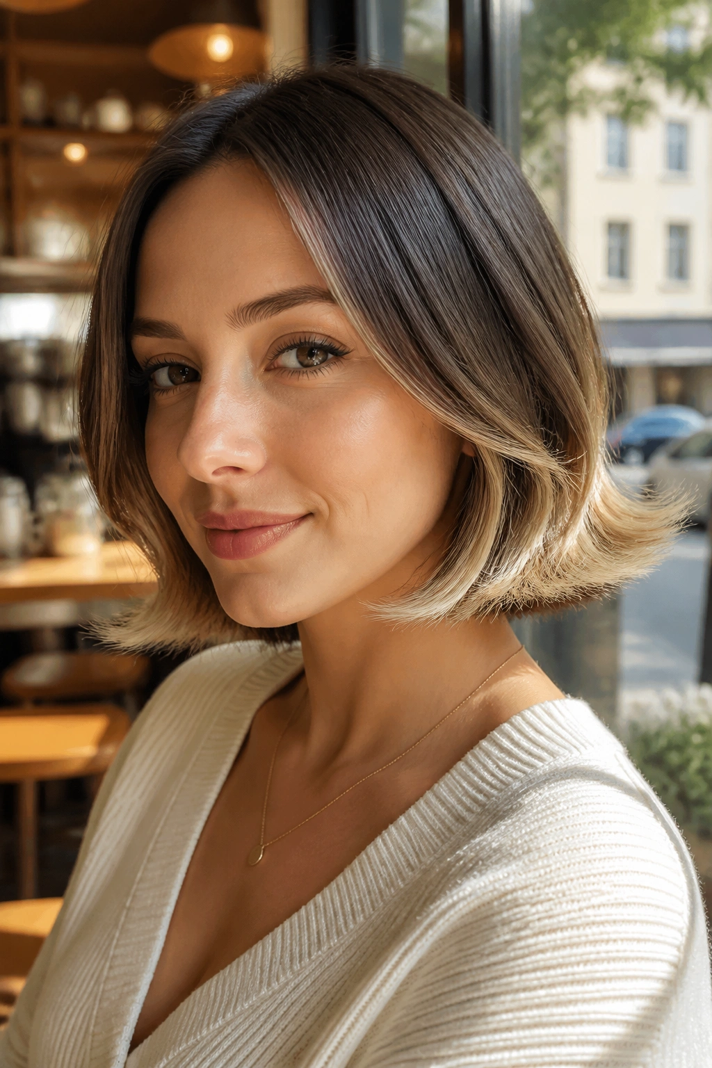 Portrait of a woman with a flipped-out inverted bob and light ends